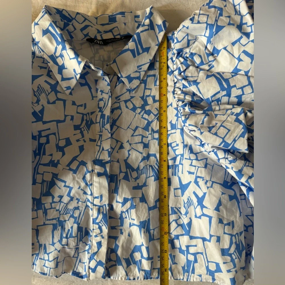 Zara Camisa Cropped Popelina Blue White Puff Sleeve Shirt Blouse Size S